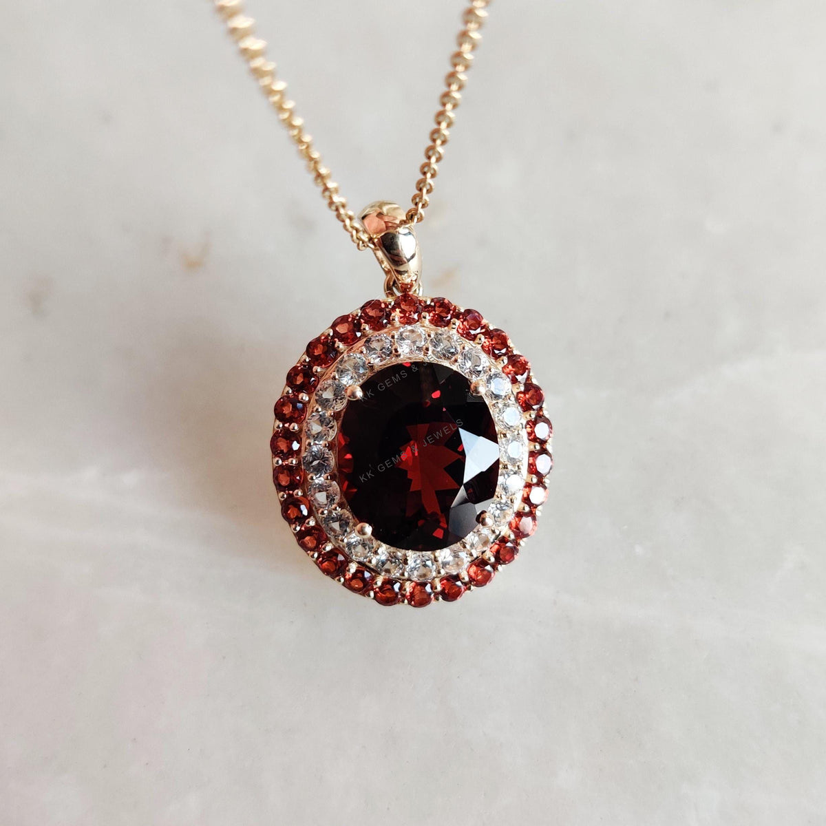 Natural Garnet & White Sapphire 14K Solid Yellow Gold Pendant, September Birthstone
