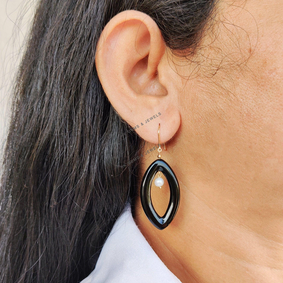 Natural Pearl & Black Onyx 14K Solid Yellow Gold Earrings, January Birthstone