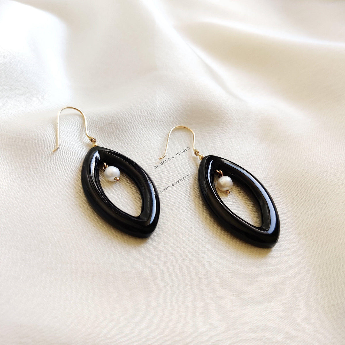 Natural Pearl & Black Onyx 14K Solid Yellow Gold Earrings, January Birthstone