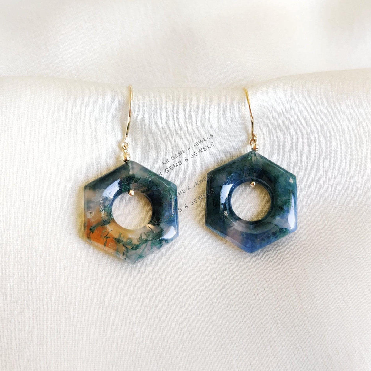 Natural Moss Agate Earrings, 14K Solid Yellow Gold Agate Earrings,  April & May Birthstone, Moss Agate Jewelry, Hexagon Gemstone Earrings