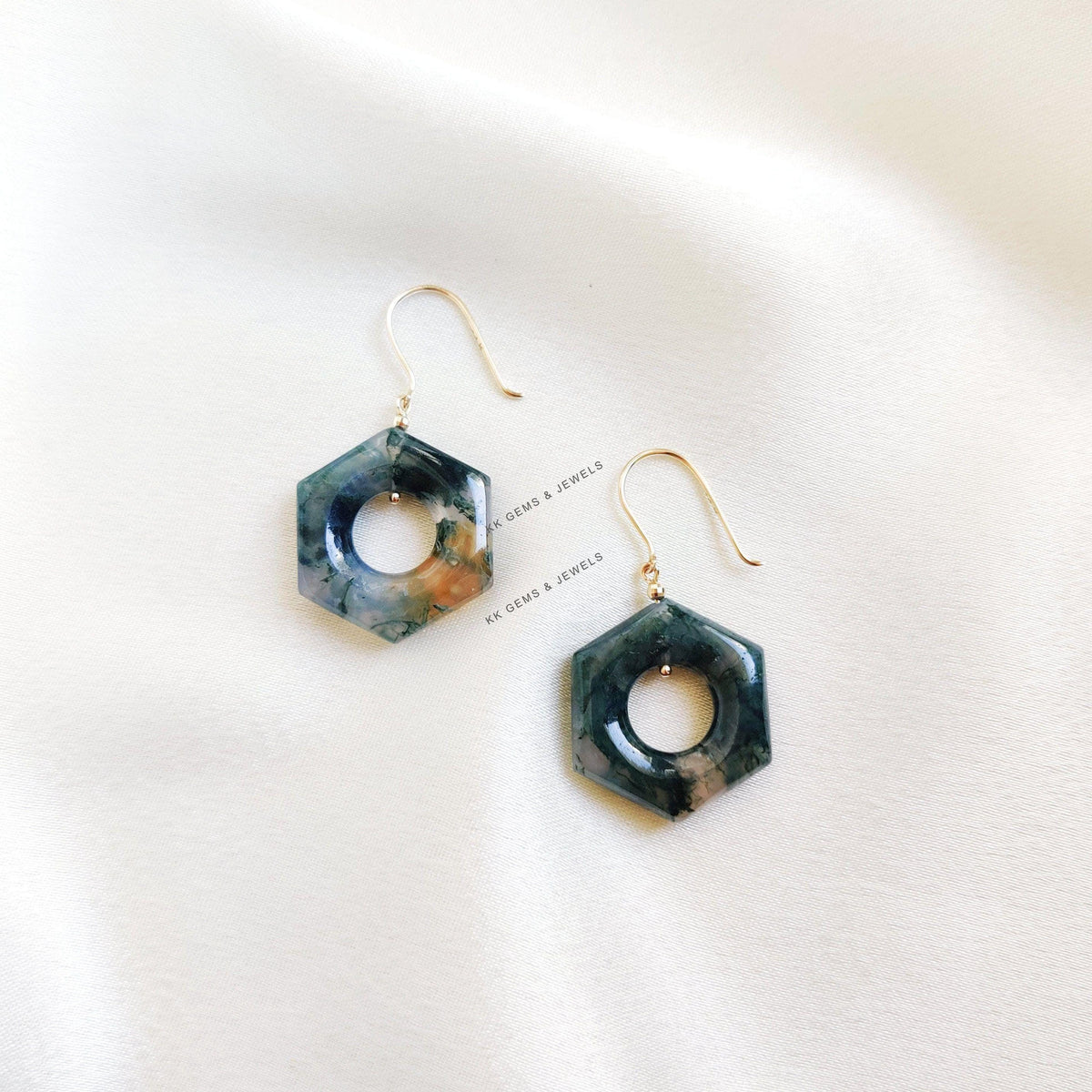 Natural Moss Agate Earrings, 14K Solid Yellow Gold Agate Earrings,  April & May Birthstone, Moss Agate Jewelry, Hexagon Gemstone Earrings