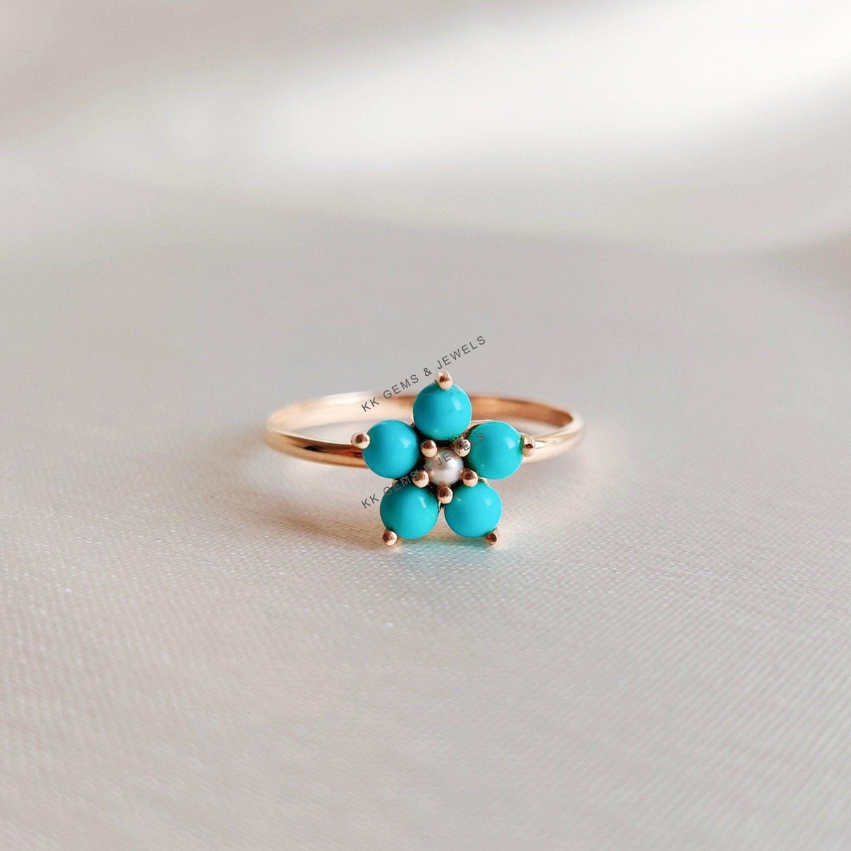 14K Solid Gold Natural Turquoise & Pearl Flower Ring, December Birthstone