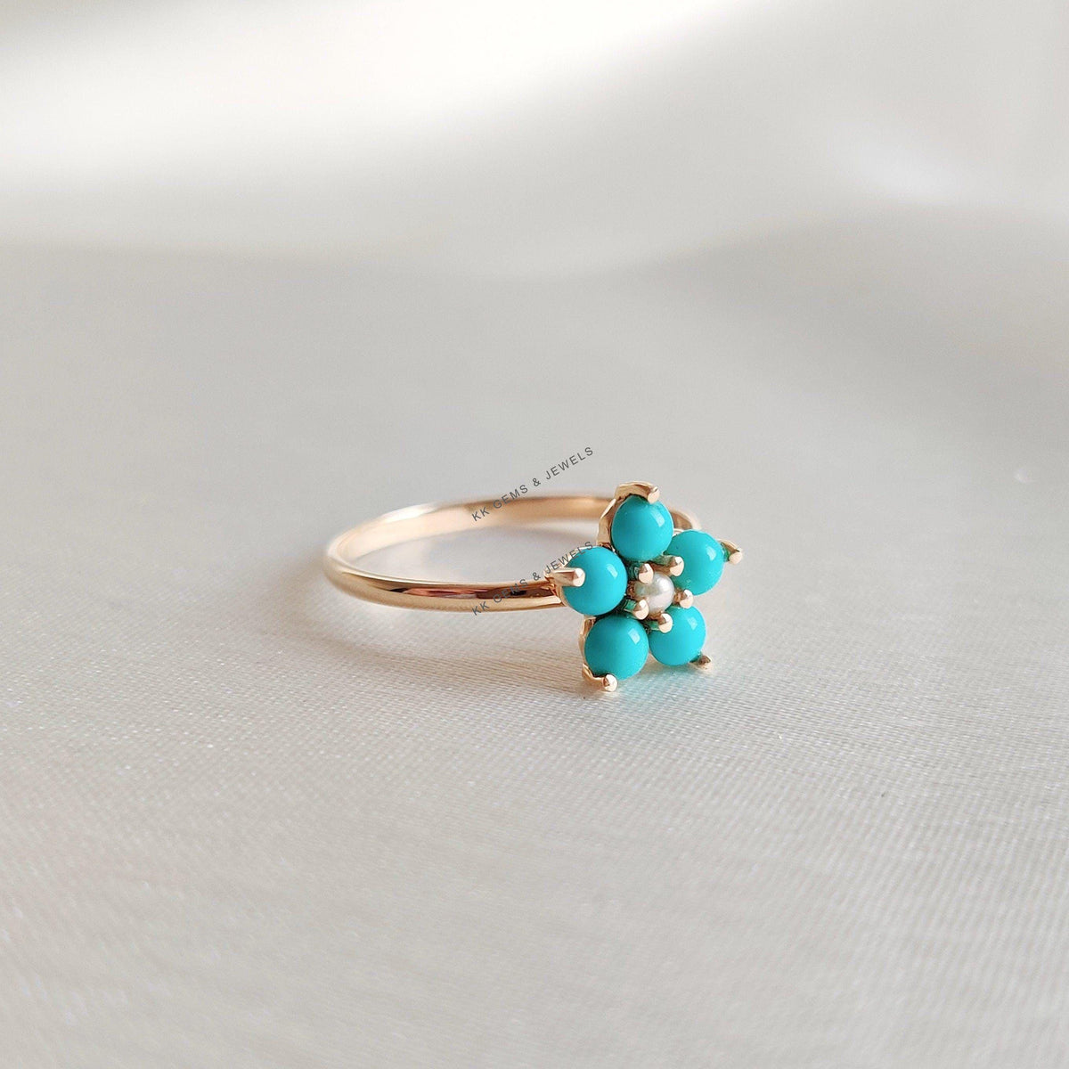 14K Solid Gold Natural Turquoise & Pearl Flower Ring, December Birthstone