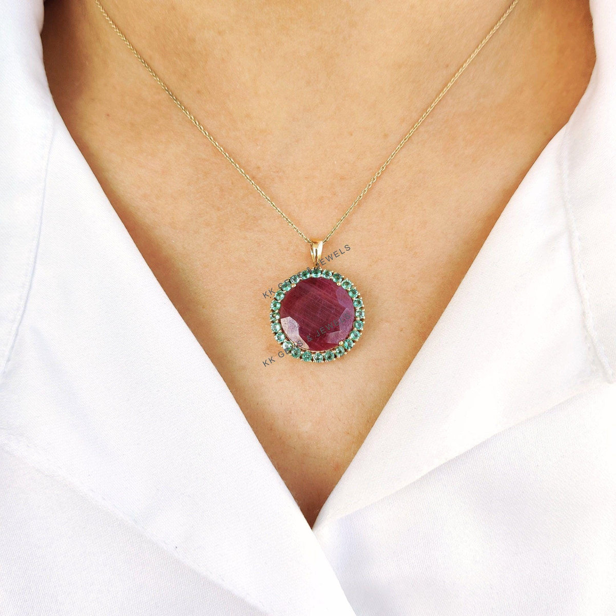 Natural Ruby & Emerald Pendant, 14K Solid Yellow Gold Ruby Pendant, July May Birthstone Pendant, Precious Gemstone Pendant, Christmas Gift