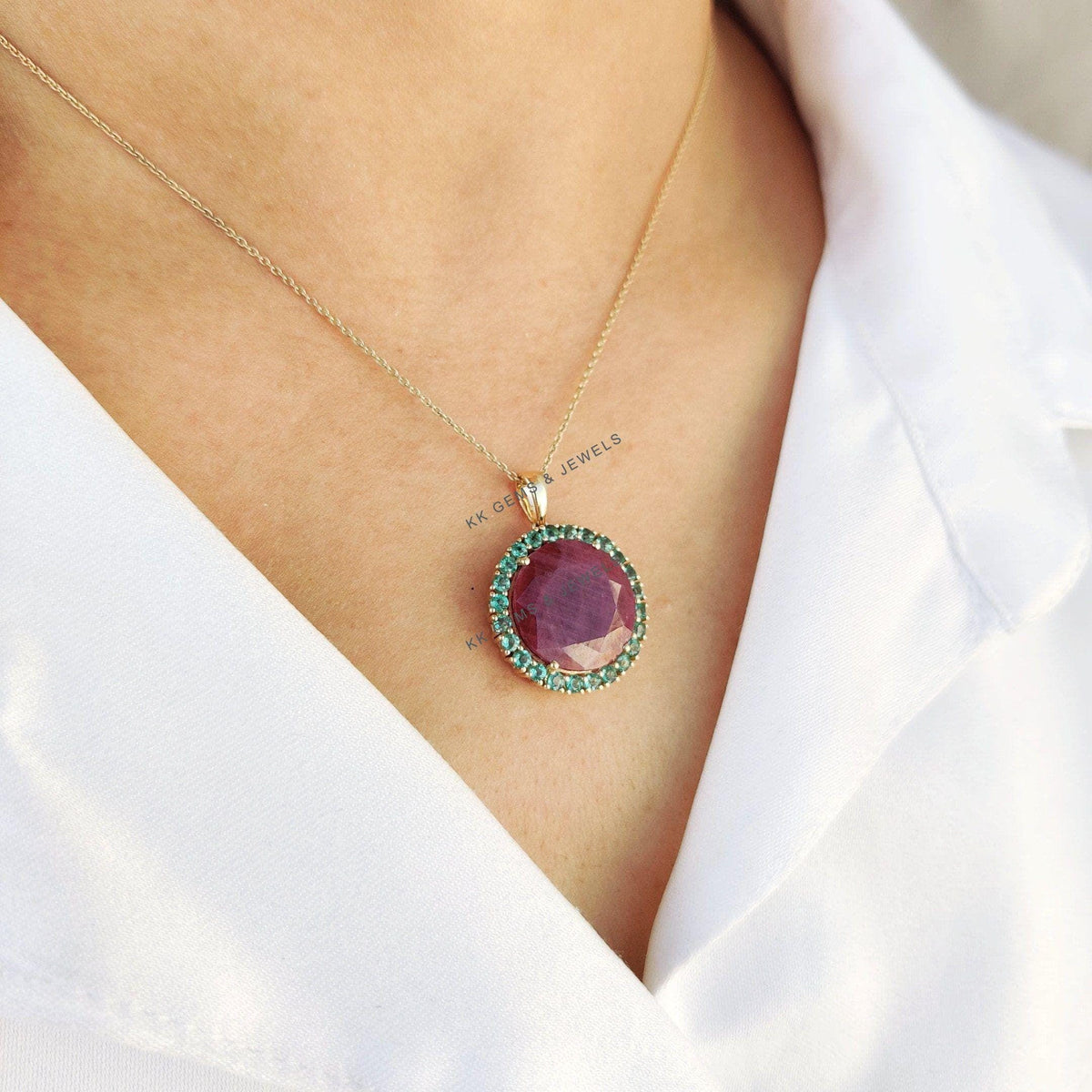 Natural Ruby & Emerald Pendant, 14K Solid Yellow Gold Ruby Pendant, July May Birthstone Pendant, Precious Gemstone Pendant, Christmas Gift