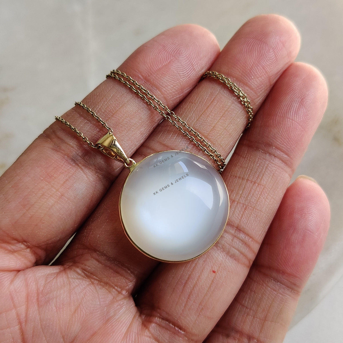 Natural White Moonstone 14K Solid Yellow Gold Round Pendant, June Birthstone,