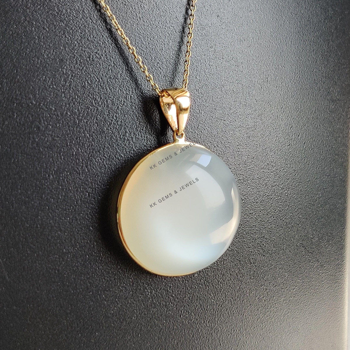 Natural White Moonstone 14K Solid Yellow Gold Round Pendant, June Birthstone,