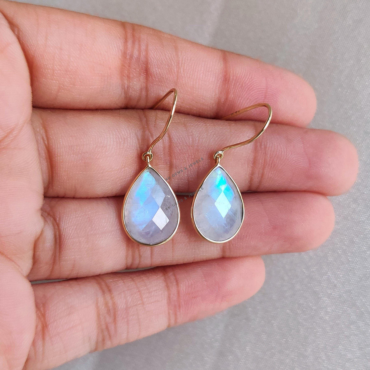 Natural Rainbow Moonstone 14K Solid Yellow Gold Bezel Earrings, June Birthstone Earrings