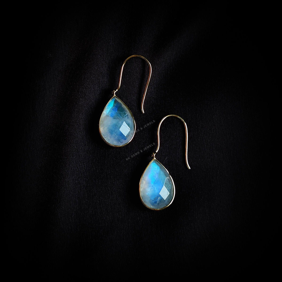 Natural Rainbow Moonstone 14K Solid Yellow Gold Bezel Earrings, June Birthstone Earrings
