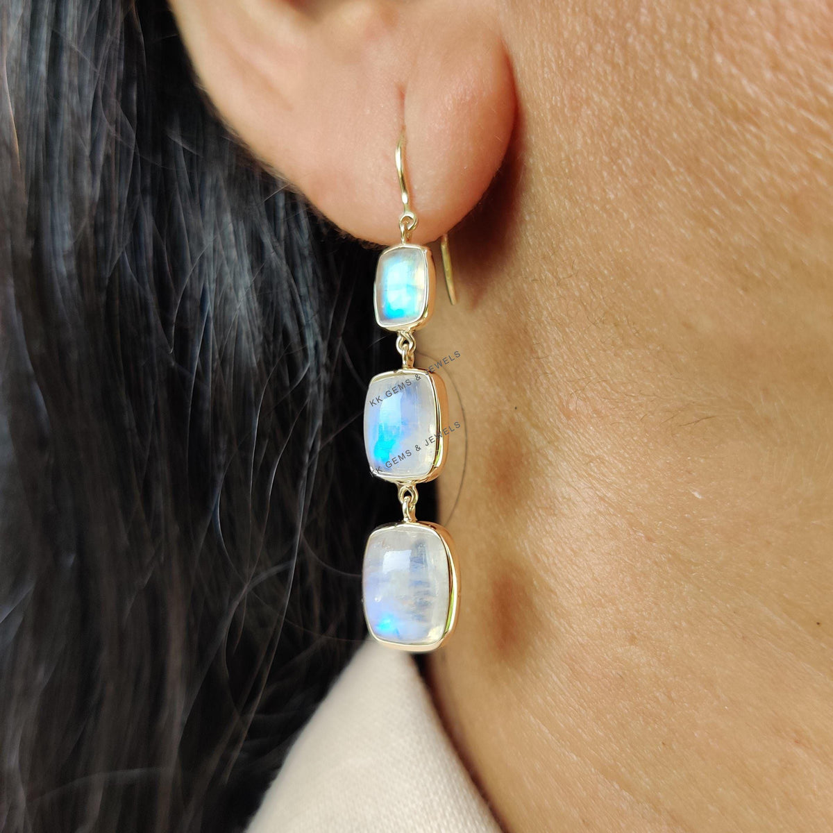 14K Solid Yellow Gold Natural Rainbow Moonstone Dangle Earrings