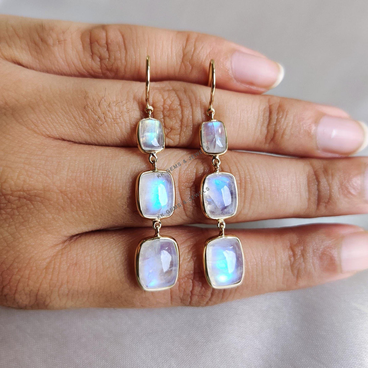 14K Solid Yellow Gold Natural Rainbow Moonstone Dangle Earrings