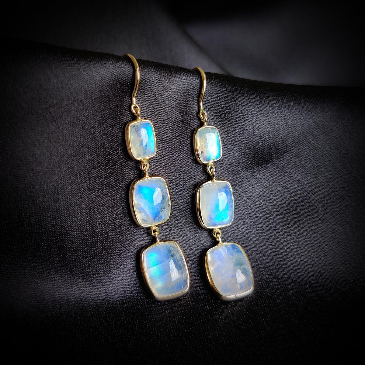 14K Solid Yellow Gold Natural Rainbow Moonstone Dangle Earrings