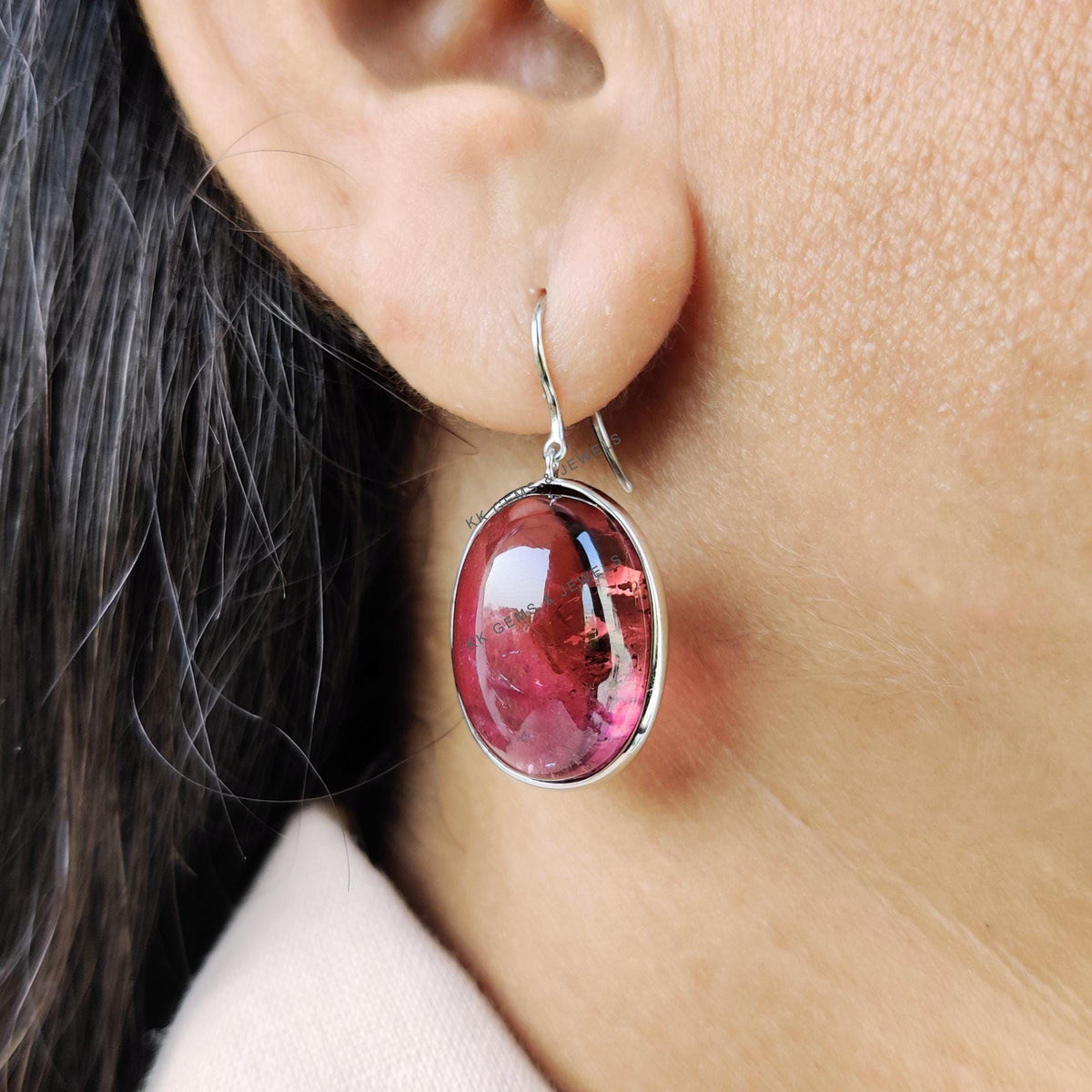 Natural Rubellite Pink Tourmaline Earrings, 14K Solid White Gold, October Birthstone