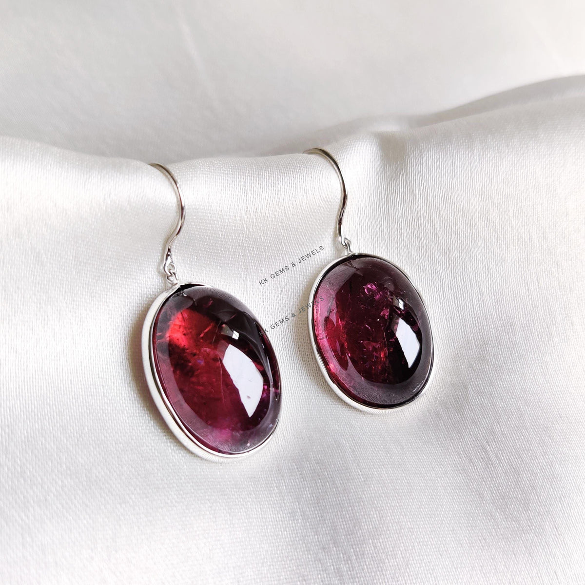 Natural Rubellite Pink Tourmaline Earrings, 14K Solid White Gold, October Birthstone