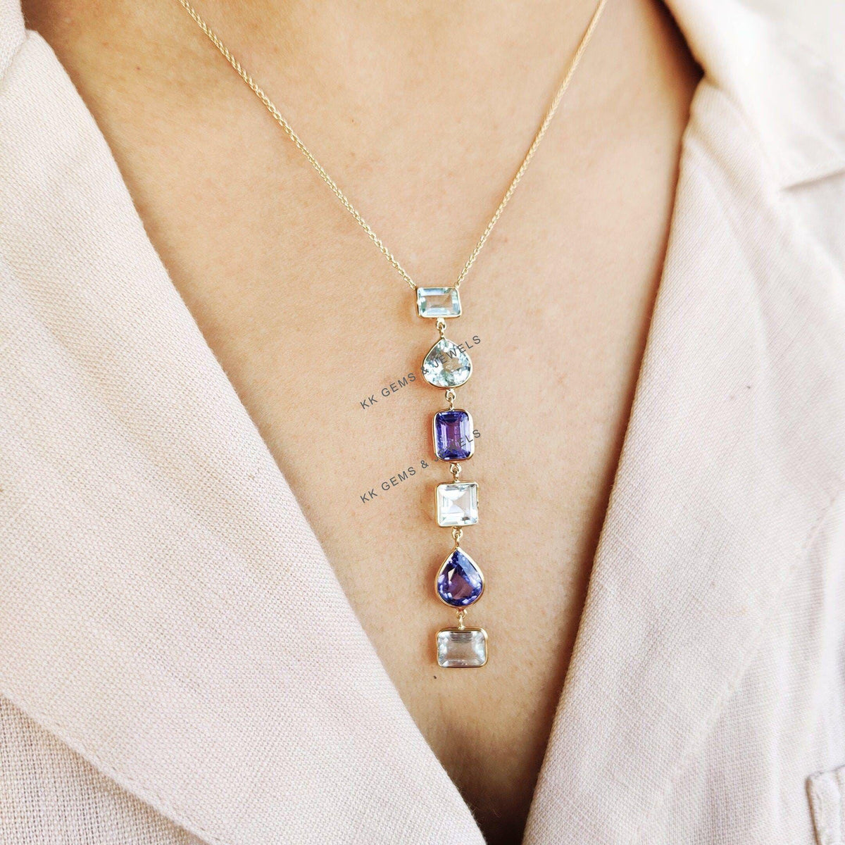 Natural Tanzanite & Aquamarine Necklace, 14K Solid Gold Tanzanite Jewelry,