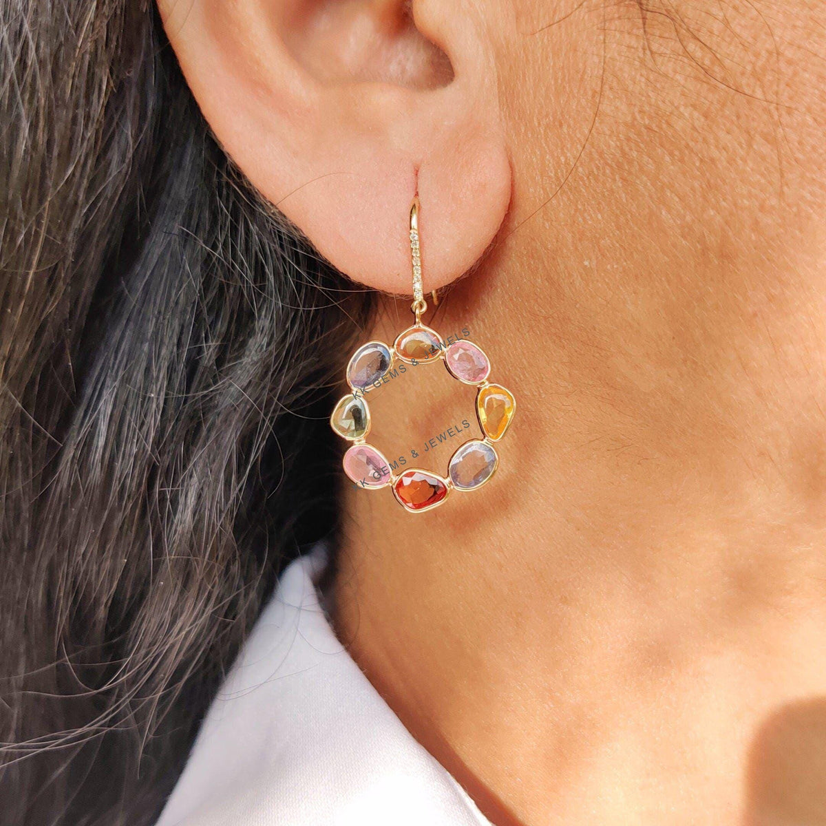 Natural Multi Sapphire & Diamond Earrings, 14K Solid Gold Loop Earrings, September Birthstone