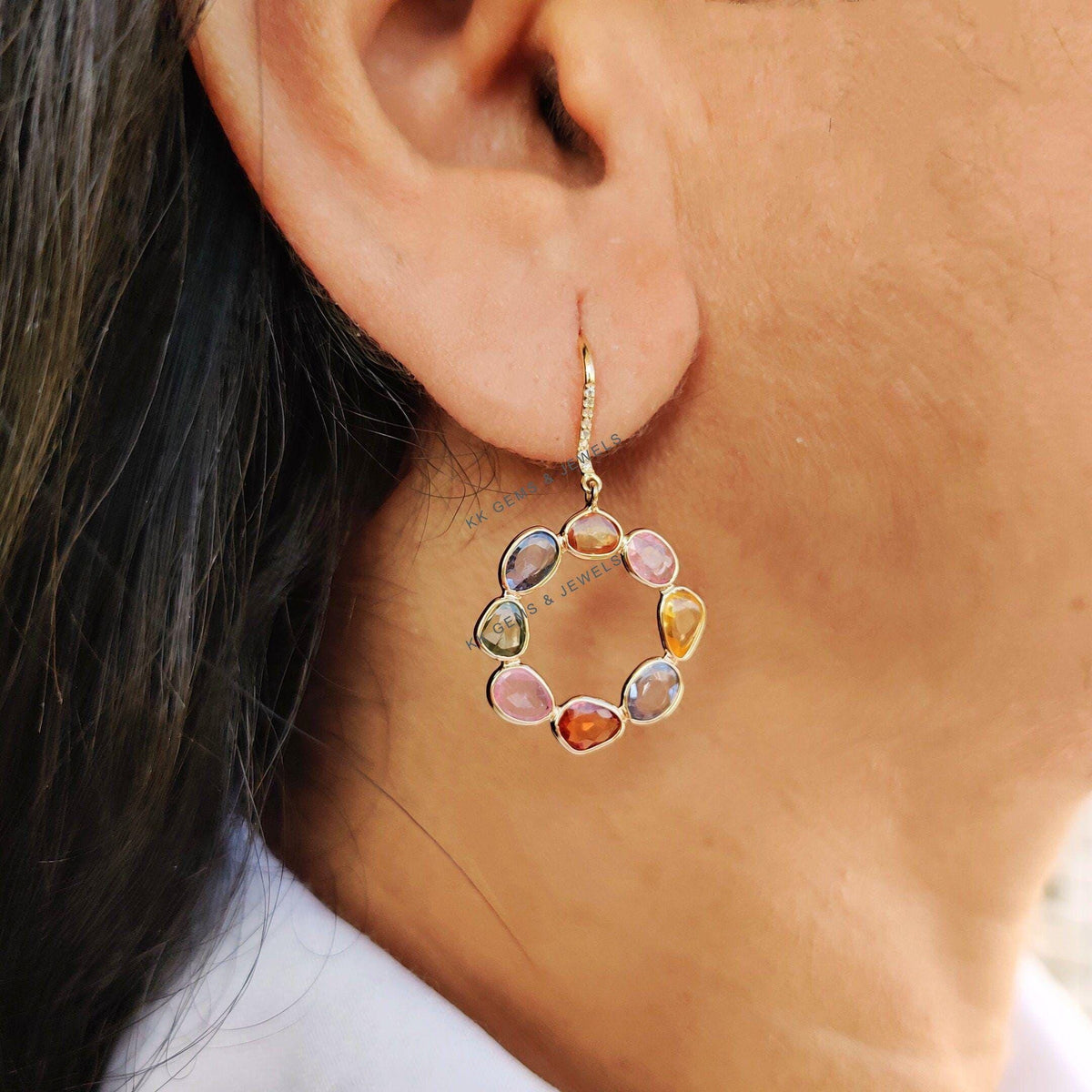 Natural Multi Sapphire & Diamond Earrings, 14K Solid Gold Loop Earrings, September Birthstone