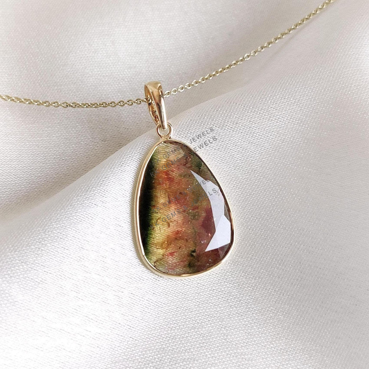 14K Solid Yellow Gold Natural Watermelon Tourmaline Pendant: October Birthstone