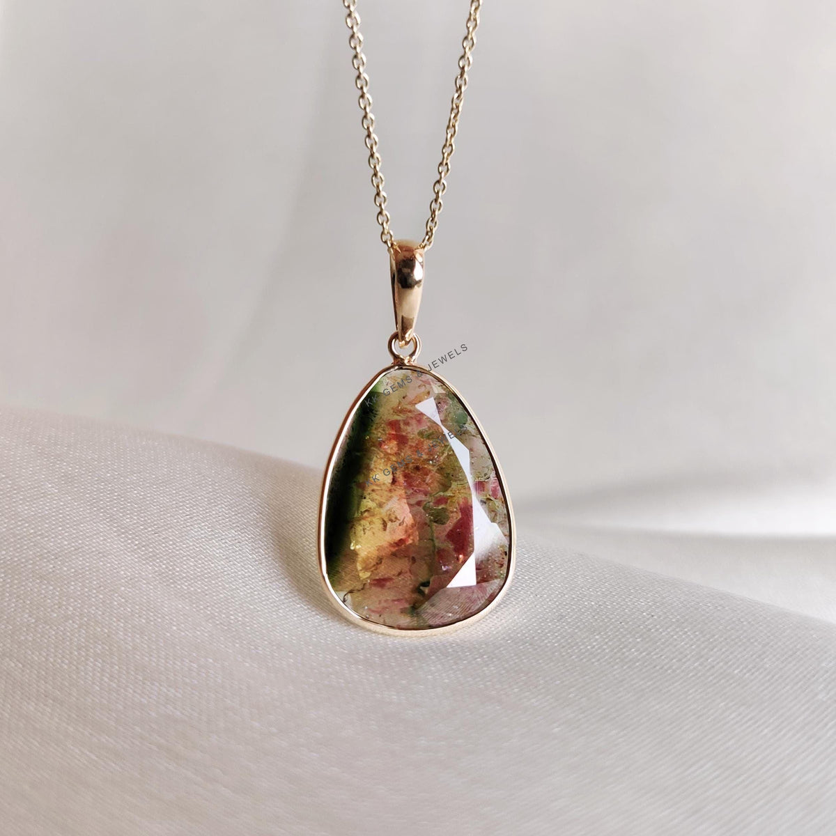 14K Solid Yellow Gold Natural Watermelon Tourmaline Pendant: October Birthstone