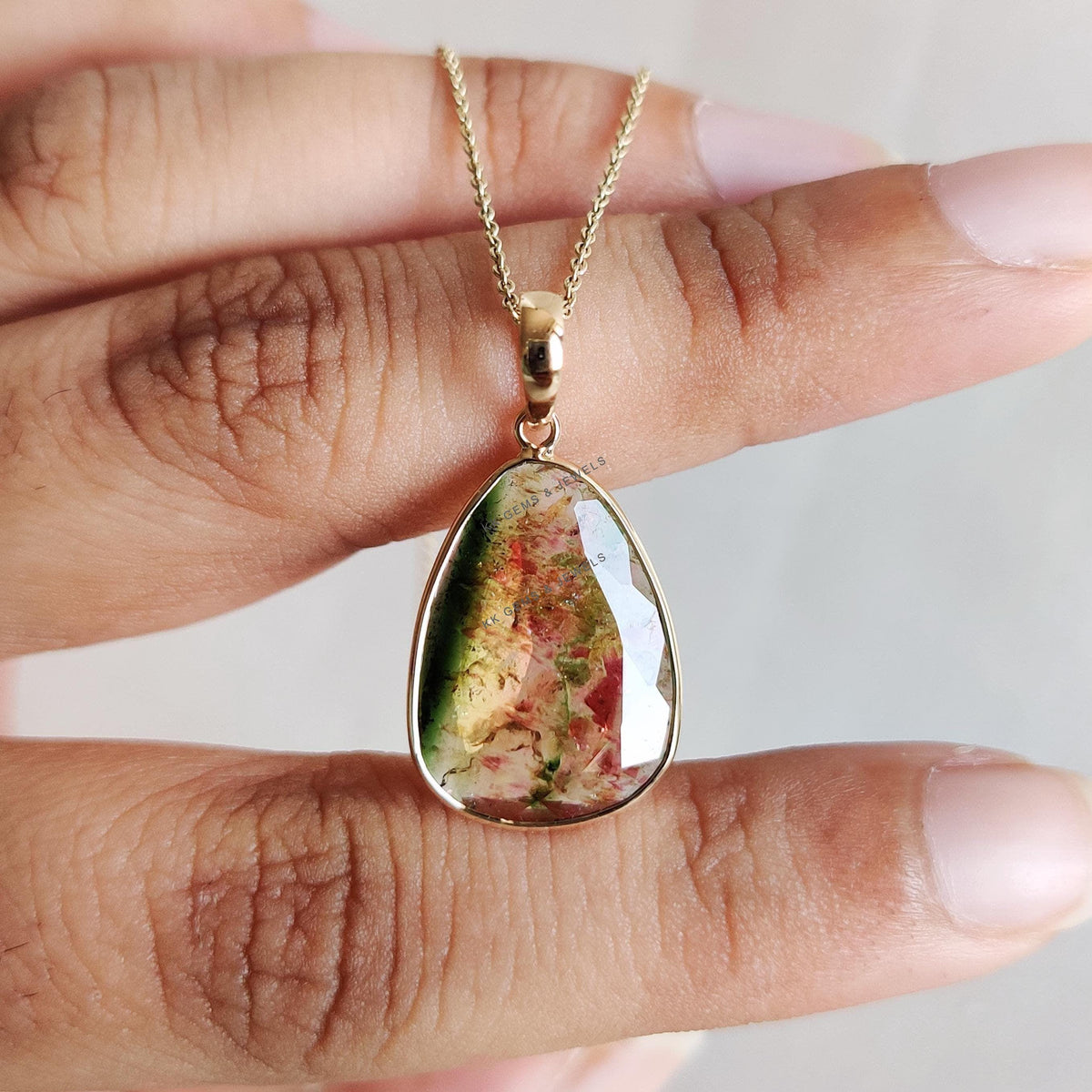 14K Solid Yellow Gold Natural Watermelon Tourmaline Pendant: October Birthstone