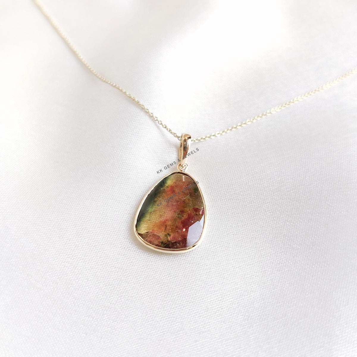 14K Solid Yellow Gold Natural Watermelon Tourmaline Pendant: October Birthstone