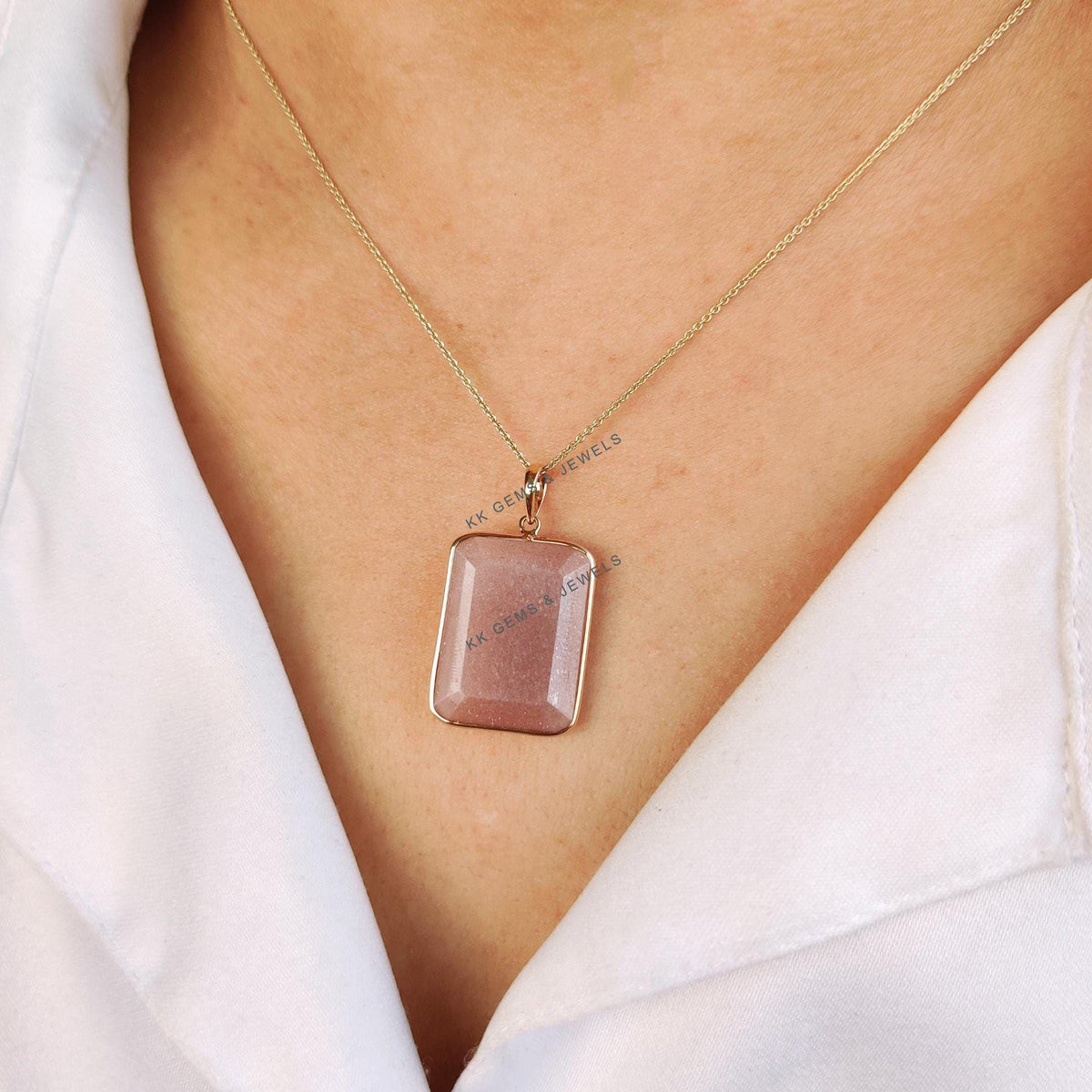 Natural Peach Moonstone 14K Solid Yellow Gold Pendant, Octagon Pendant, June Birthstone,