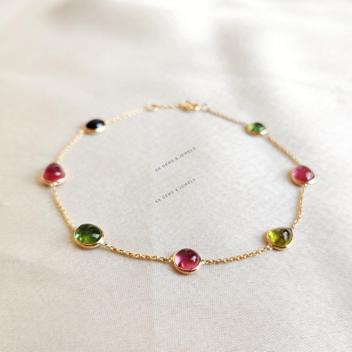 18K Solid Gold Natural Multi Tourmaline Bracelet, Bezel Set Gemstone