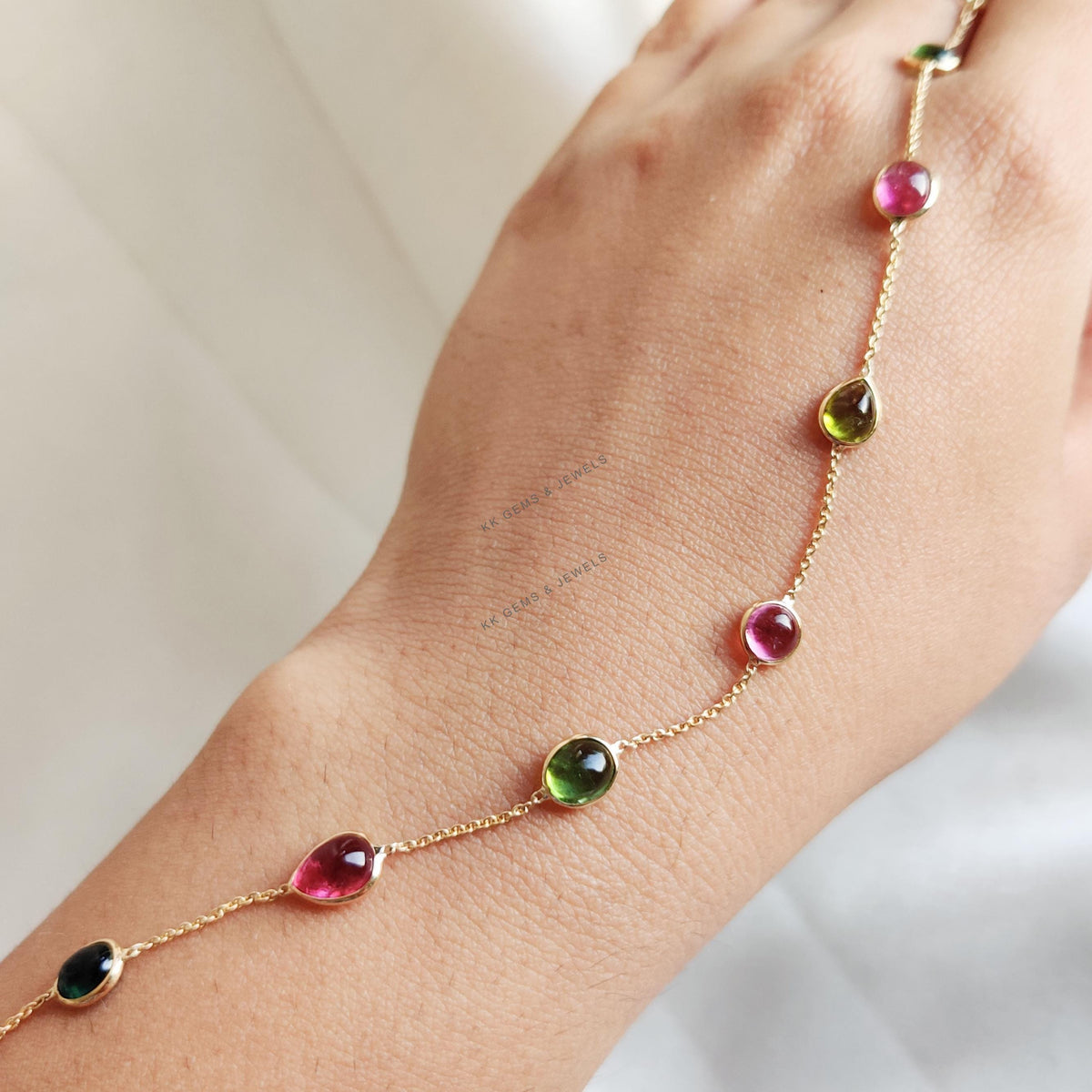 18K Solid Gold Natural Multi Tourmaline Bracelet, Bezel Set Gemstone