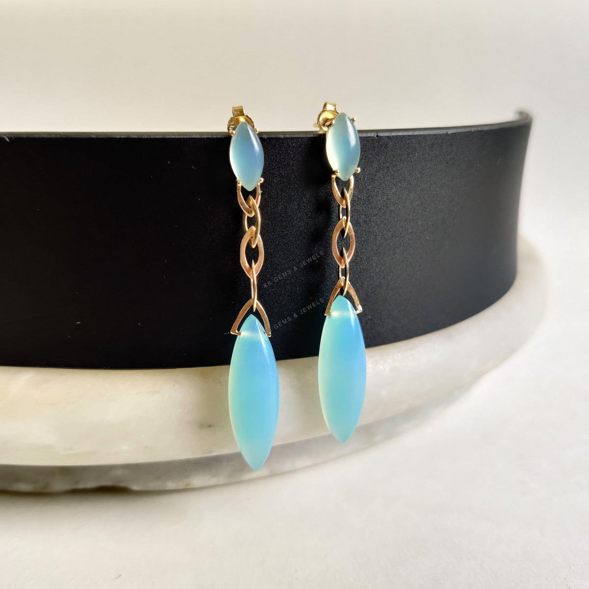 14K Solid Yellow Gold Natural Blue Chalcedony Drop Earrings, March Birthstone