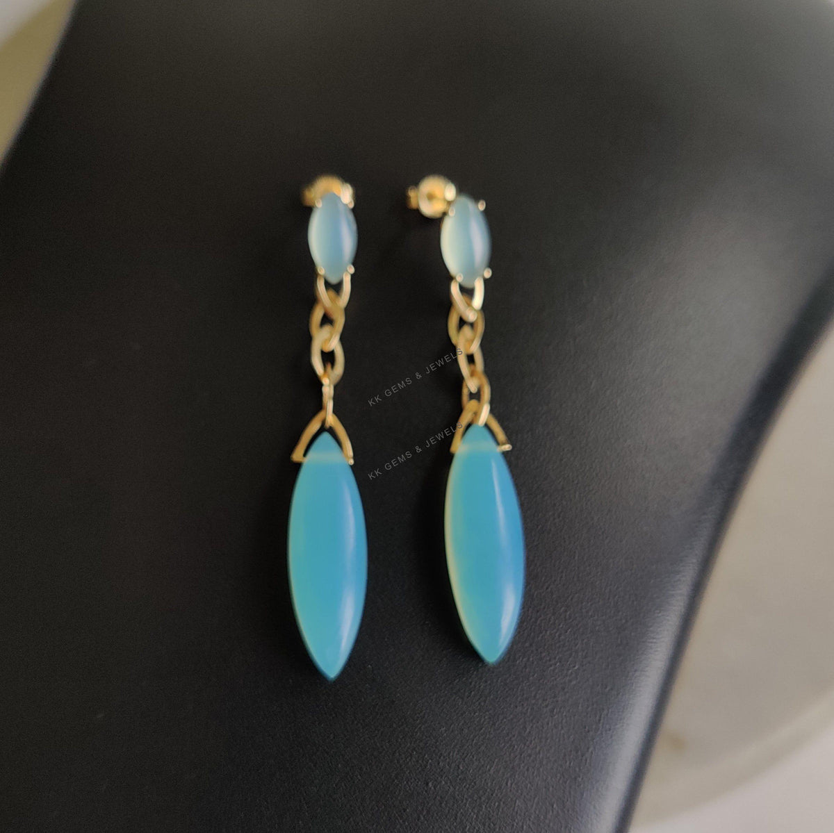 14K Solid Yellow Gold Natural Blue Chalcedony Drop Earrings, March Birthstone
