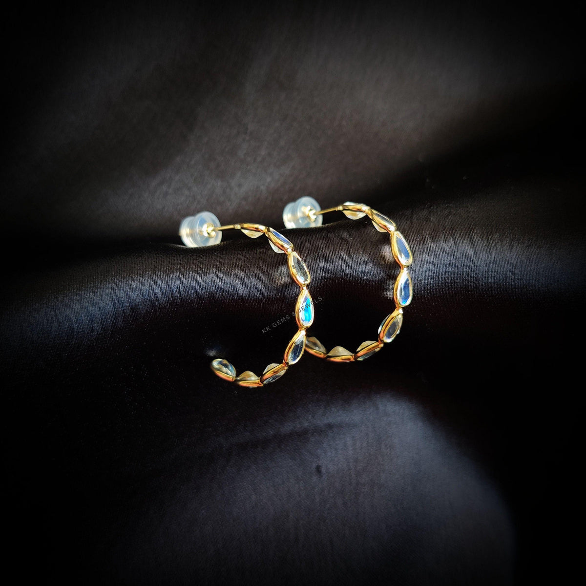14K Solid Gold Natural Rainbow Moonstone Hoop Earrings, June Birthstone