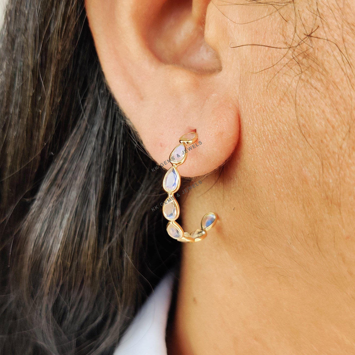 14K Solid Gold Natural Rainbow Moonstone Hoop Earrings, June Birthstone