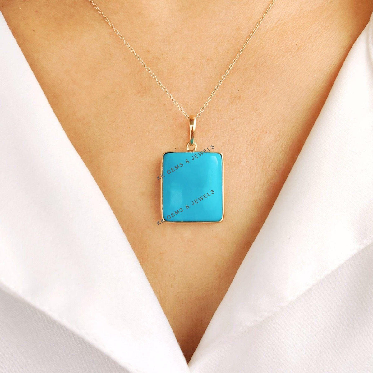 Natural Sleeping Beauty Turquoise Pendant, 14K Solid Yellow Gold Pendant, December Birthstone, Christmas Present
