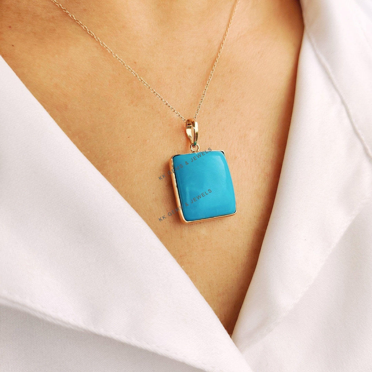 Natural Sleeping Beauty Turquoise Pendant, 14K Solid Yellow Gold Pendant, December Birthstone, Christmas Present