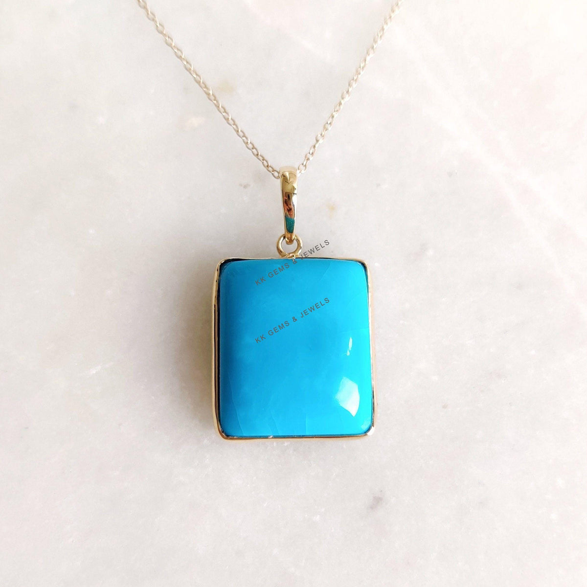 Natural Sleeping Beauty Turquoise Pendant, 14K Solid Yellow Gold Pendant, December Birthstone, Christmas Present
