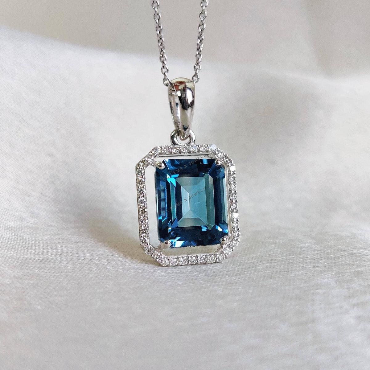 Natural London Blue Topaz & Diamond 14K Solid White Gold Pendant, December Birthstone,