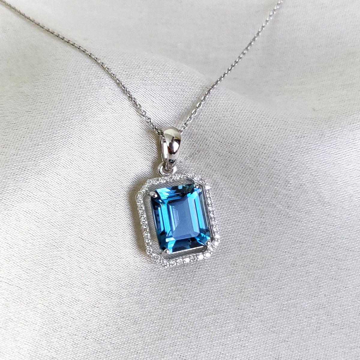 Natural London Blue Topaz & Diamond 14K Solid White Gold Pendant, December Birthstone,