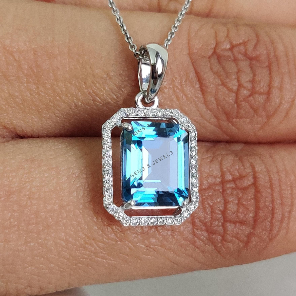 Natural London Blue Topaz & Diamond 14K Solid White Gold Pendant, December Birthstone,