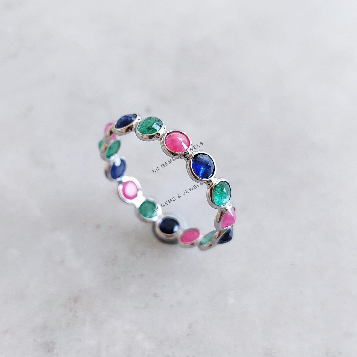 Natural Ruby, Emerald & Blue Sapphire Ring, 14K Solid White Gold Ring, Precious Gemstone Bezel Eternity Ring, Dainty Multi Stone Ring