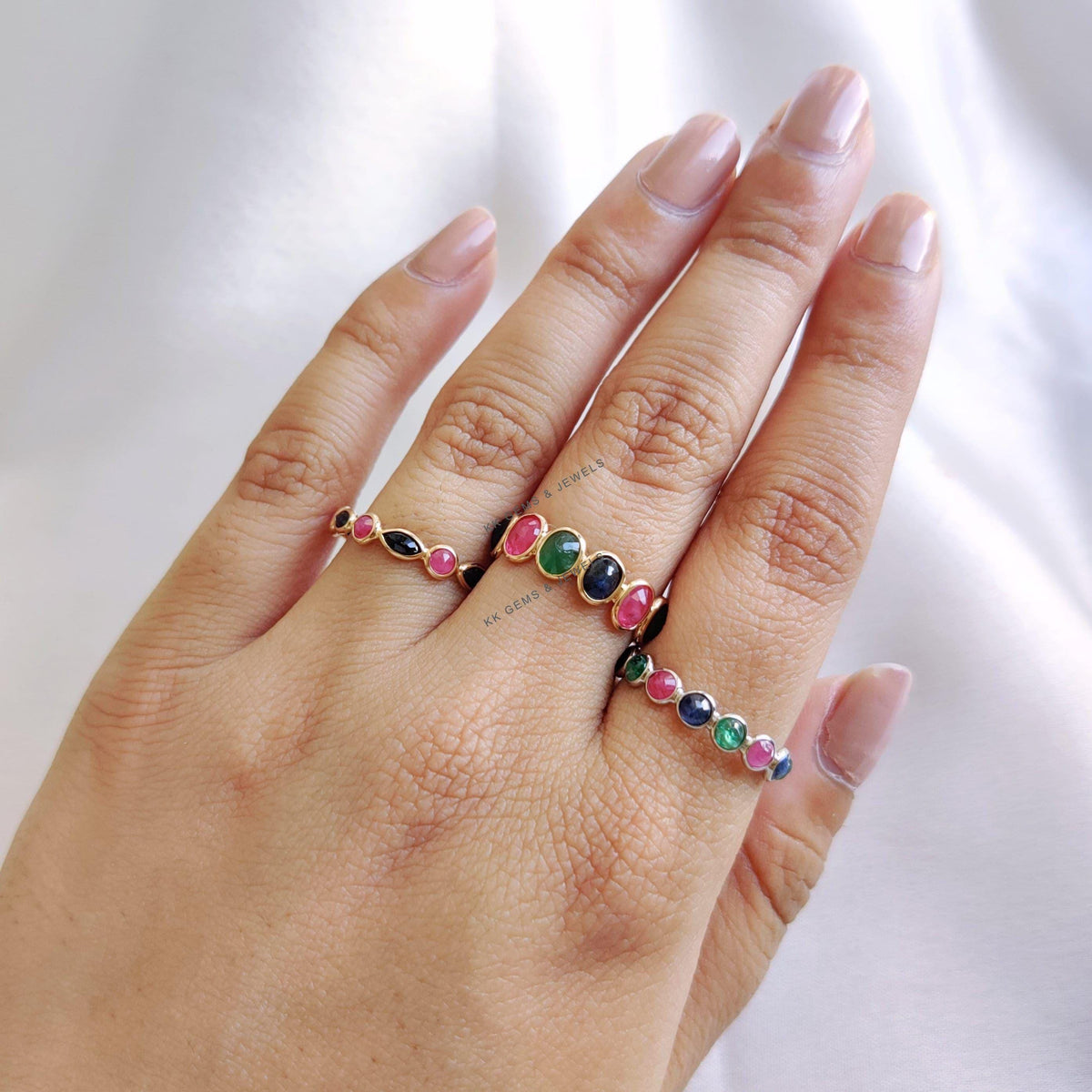Natural Ruby, Emerald & Blue Sapphire Ring, 14K Solid White Gold Ring, Precious Gemstone Bezel Eternity Ring, Dainty Multi Stone Ring