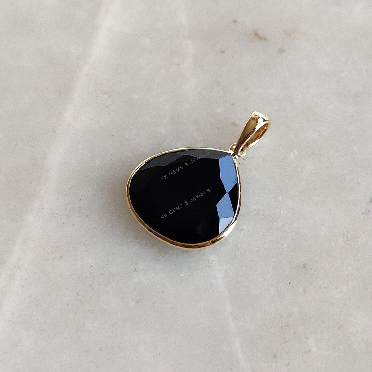 Natural Black Onyx 14K Solid Yellow Gold Pendant, December Birthstone Pendant,
