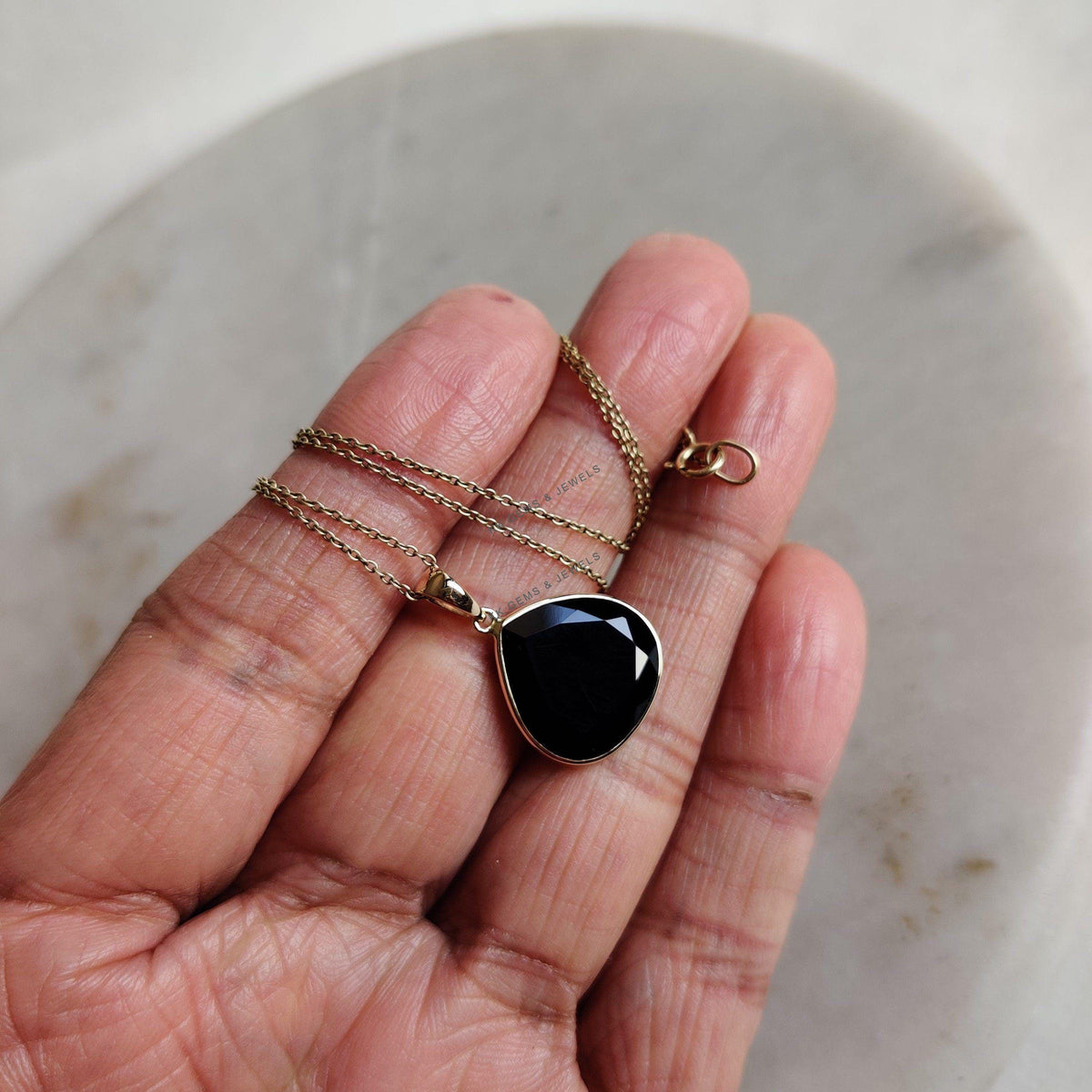 Natural Black Onyx 14K Solid Yellow Gold Pendant, December Birthstone Pendant,
