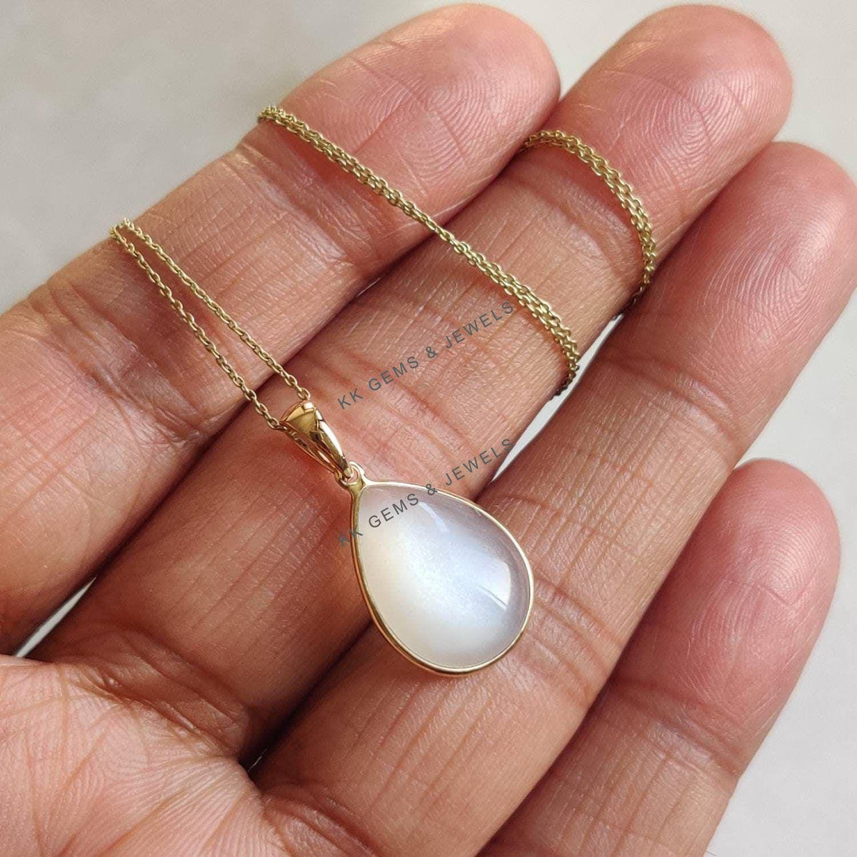 14K Solid Yellow Gold Natural White Moonstone Pear Pendant - June Birthstone
