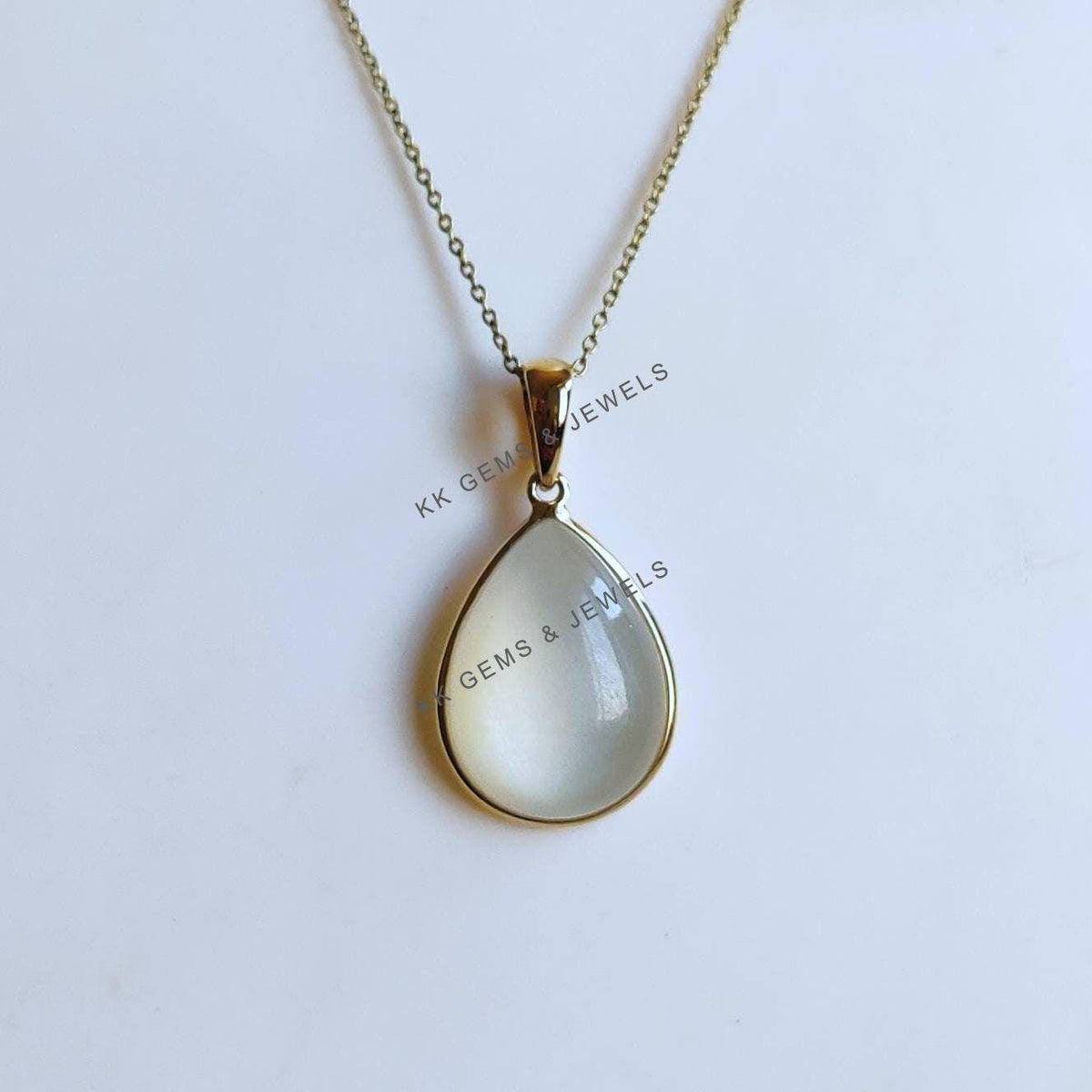 14K Solid Yellow Gold Natural White Moonstone Pear Pendant - June Birthstone