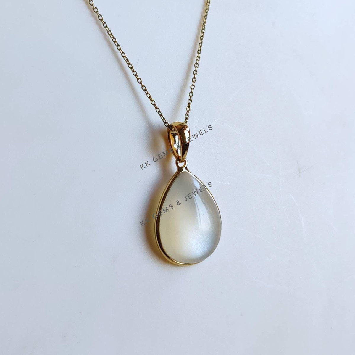 14K Solid Yellow Gold Natural White Moonstone Pear Pendant - June Birthstone