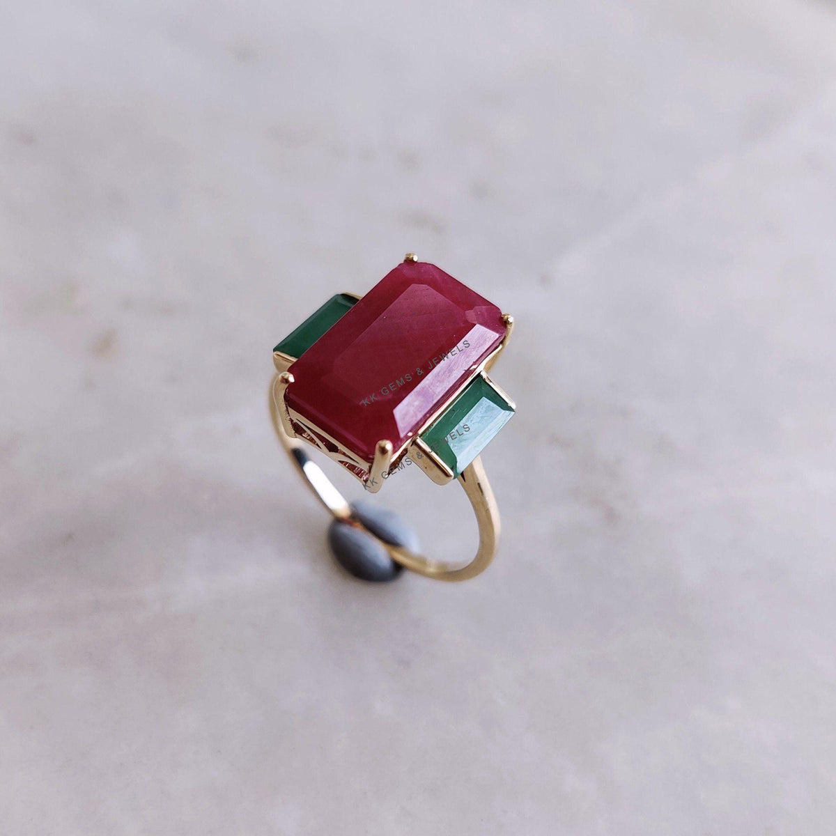 Natural Ruby & Emerald 14K Solid Yellow Gold Ring, July May Birthstone Ring