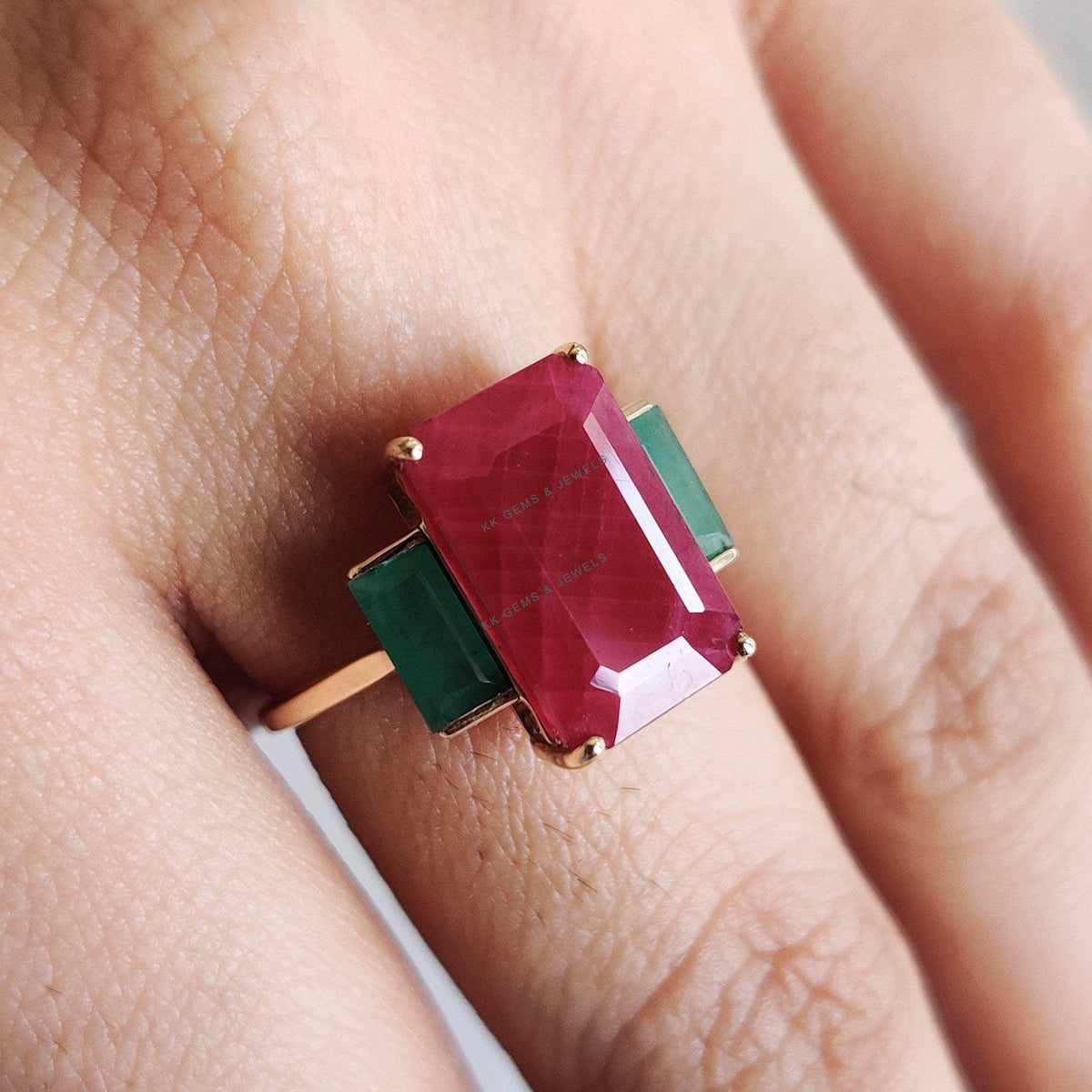 Natural Ruby & Emerald 14K Solid Yellow Gold Ring, July May Birthstone Ring