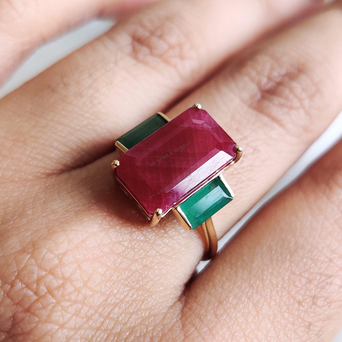 Natural Ruby & Emerald 14K Solid Yellow Gold Ring, July May Birthstone Ring