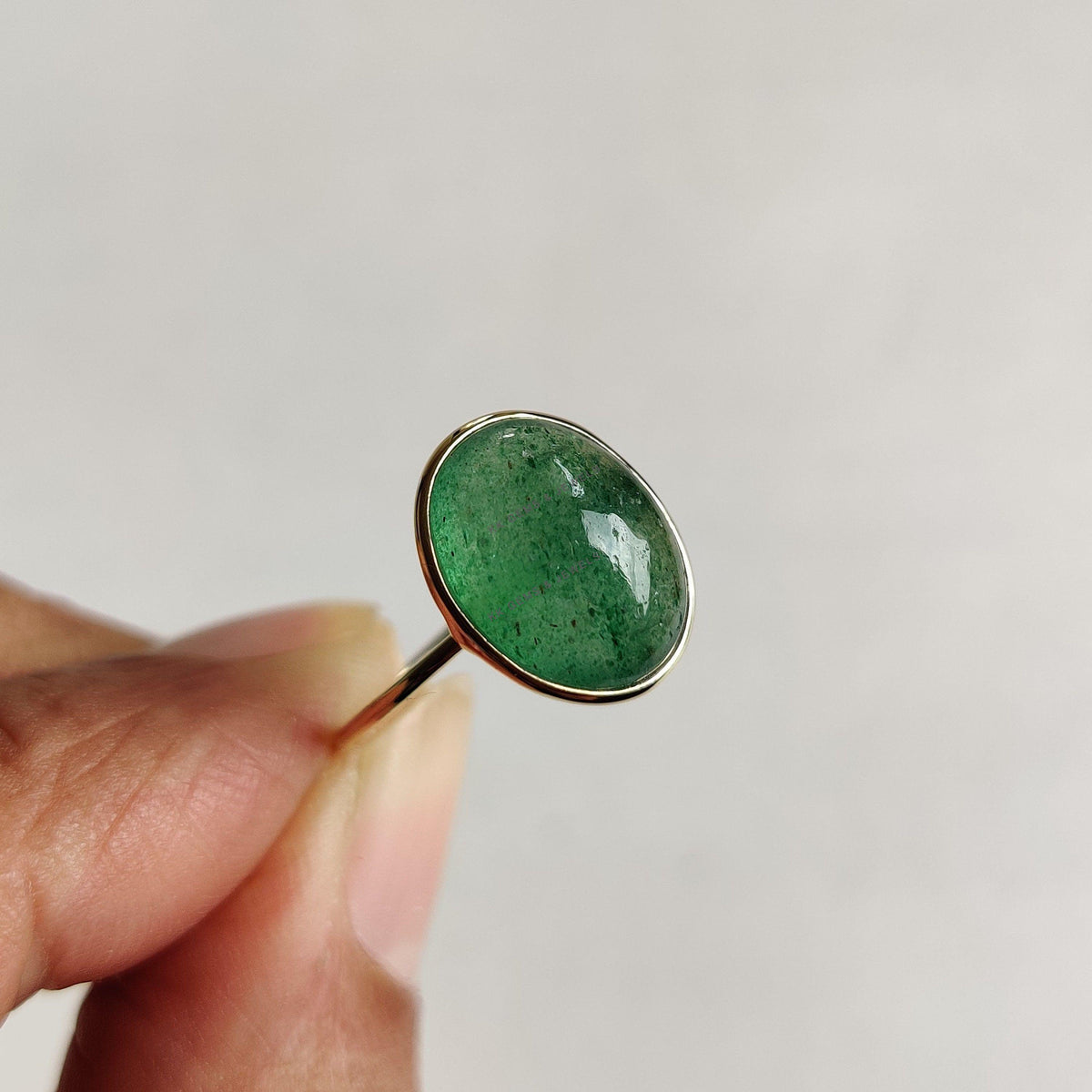 Natural Green Aventurine Ring, 14K Solid Yellow Gold, August Birthstone