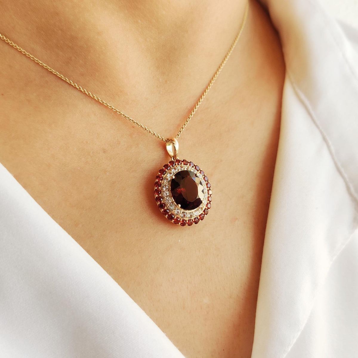 Natural Garnet & White Sapphire 14K Solid Yellow Gold Pendant, September Birthstone